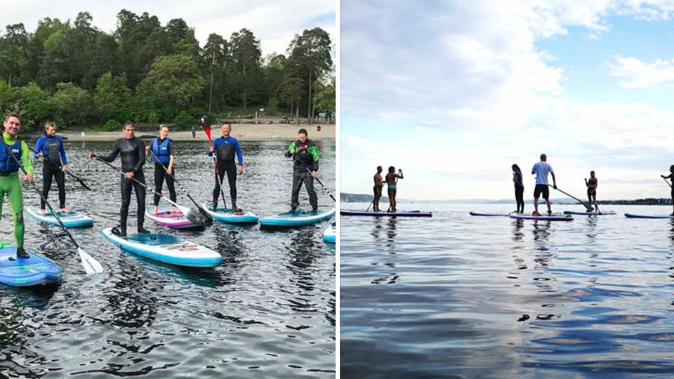 SUP-kurs med sikkerhet og teknikk med utstyr, redning og padletrening på åpent vann