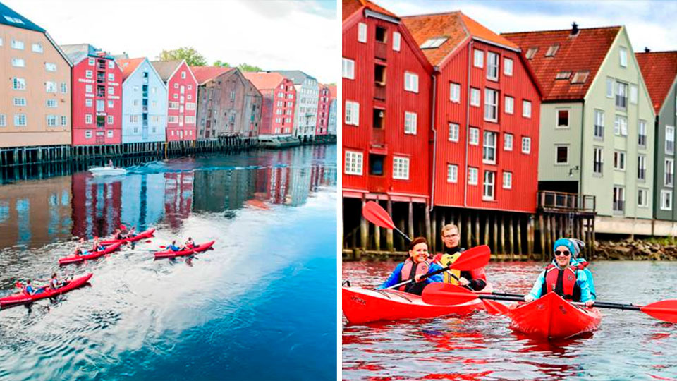 Trondheim kajakktur på Nidelven med utsikt til byen og guidet padling gjennom sentrum