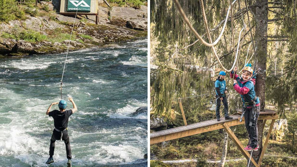 Barn og voksne klatrer i Voss Klatrepark med fjorder og fjell i bakgrunnen