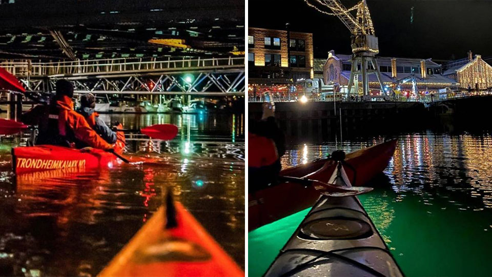 Kajakktur i Trondheim på Nidelven med LED-lys, padleutstyr og refleksjoner fra byens skyline