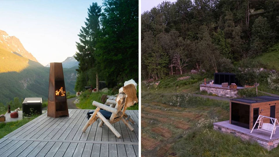 Glasshytte med fjordutsikt og moderne interiør i norsk natur