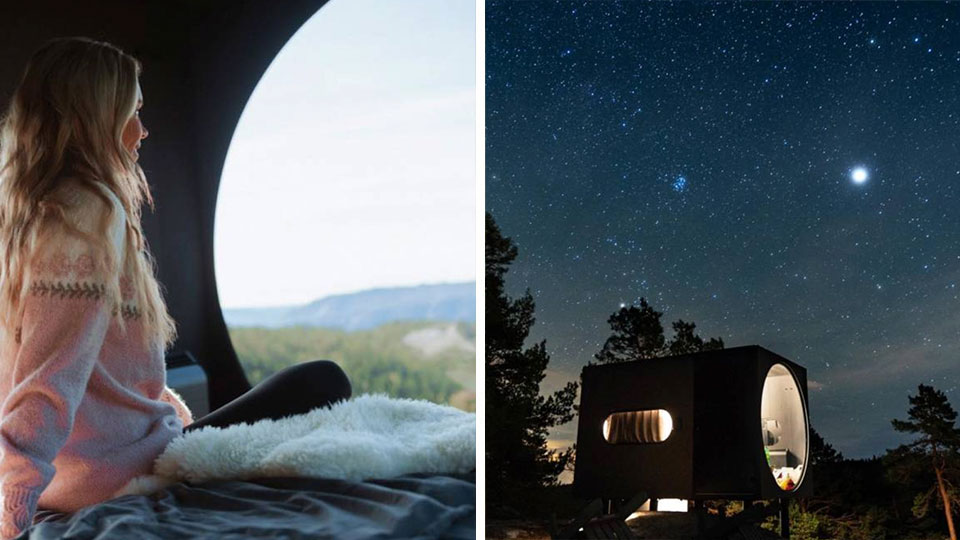 Overnatting i naturen i Birdbox med utsikt og dobbeltseng i oppvarmet minihytte