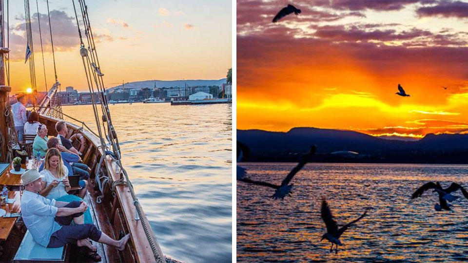 Rekebåt i Oslofjorden med tradisjonell skute og rekebuffét med utsikt mot byen