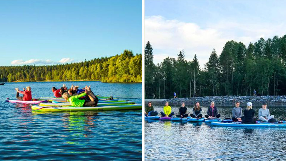 SUP yoga i naturen med instruktør, rolig vann, utsikt og balanse på brett