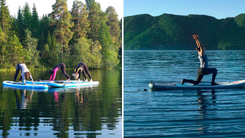 SUP Yoga med instruktør på brett med balanseøvelser, natur og rolig vanntrening