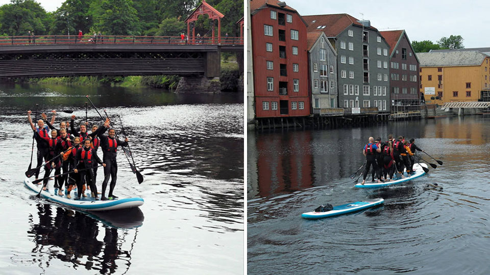 SUP på Nidelven i Trondheim med individuel eller GIGA-brett og udsigt til byens vartegn